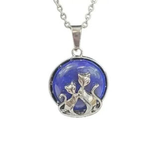 Lapis Lazuli Mother and Baby Cat Necklace with Natural Stone Center